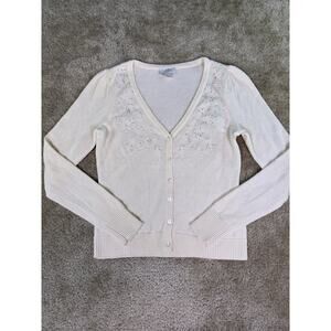 Loft Cardigan Women's Size S Ivory Beaded Button Front Wool Blend Soft D947